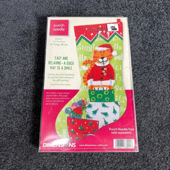 Dimensions Vintage Punch Needle Christmas Stocking Kit - Cat Stocking - Holiday - Picture 1 of 7